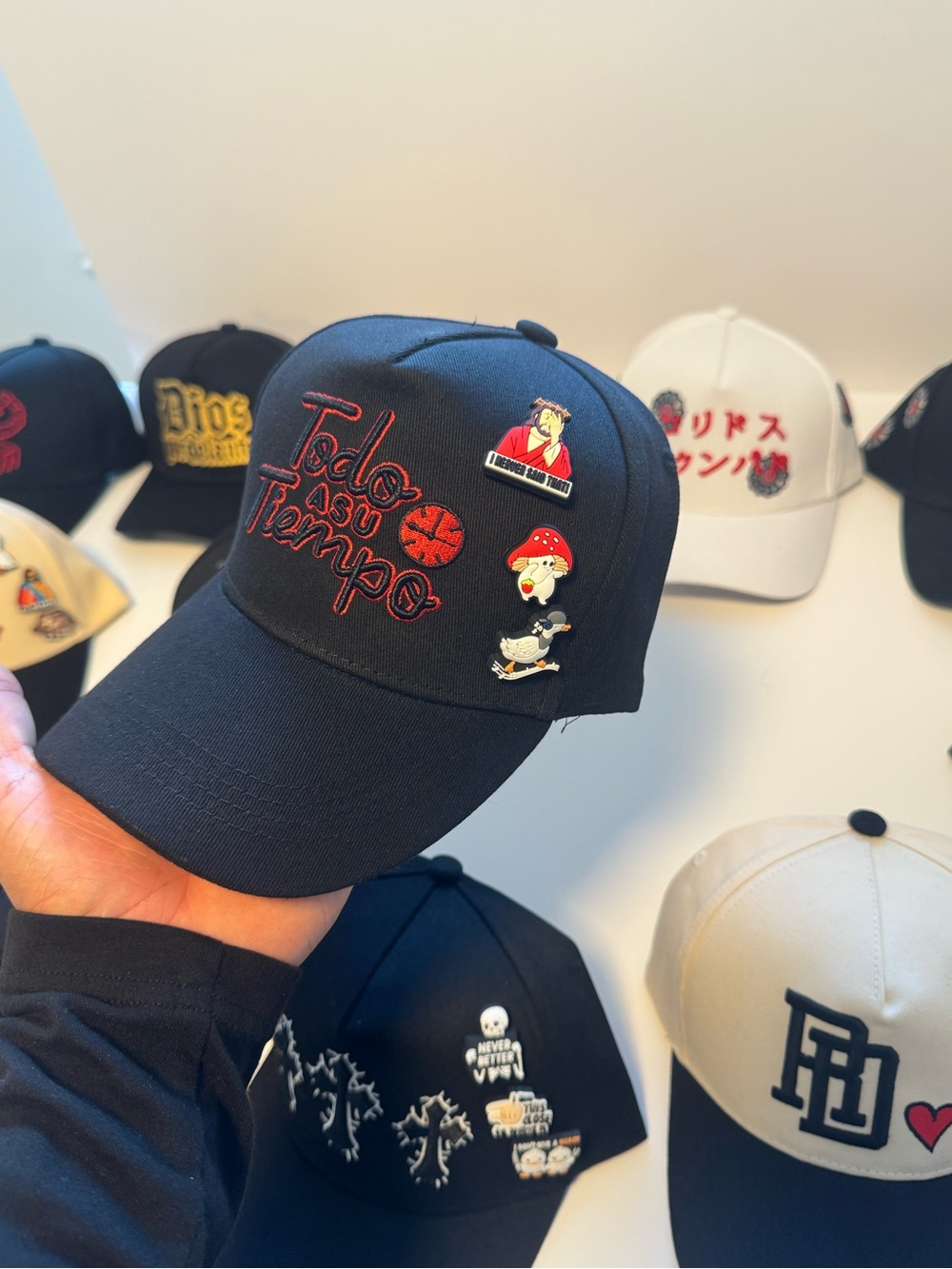 Embroidered Navy Baseball Cap with Character Pins